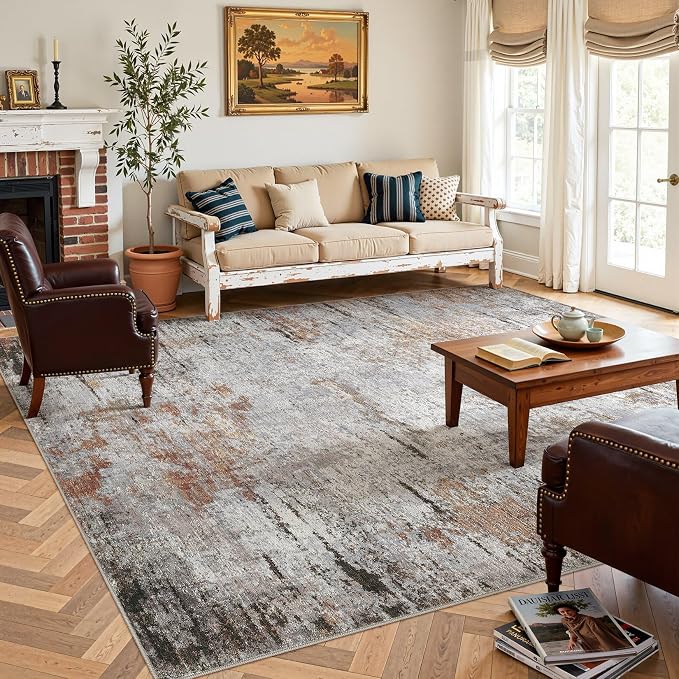 DMOYEST Area Rug Living Room Rugs - 8x10 Large Soft Indoor Neutral Modern Abstract Low Pile Washable Rug Carpet for Bedroom Dining Room Farmhouse Home Office - Grey Rust
