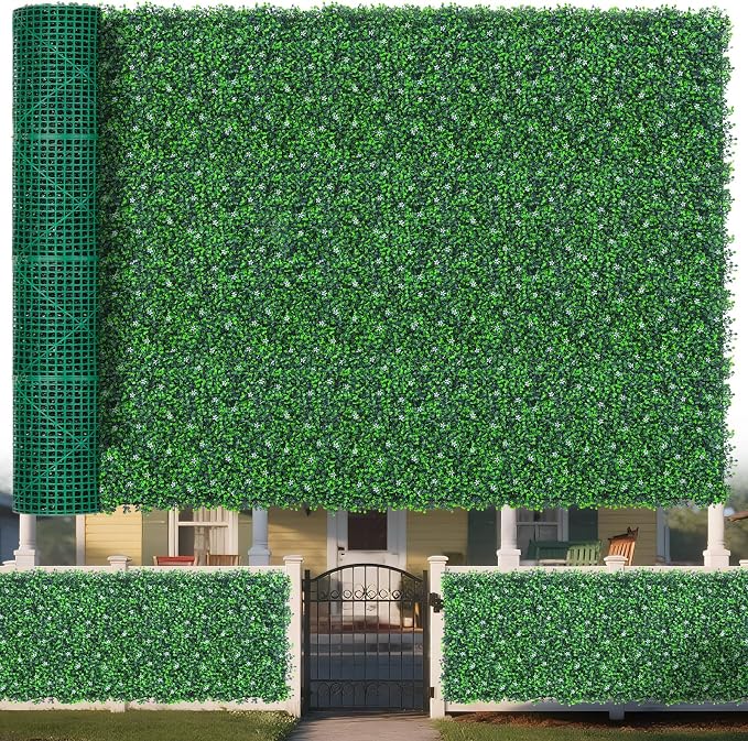 Yangrass Boxwood Roll Panels with Flowers, 71"x144" (72 sqft) Artificial Ivy Privacy Fence Screen, UV-Anti Faux Boxwood Roll Grass Wall Panels for Patio Garden Balcony Decor