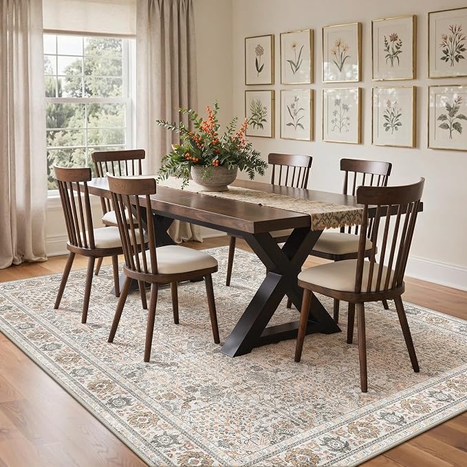 Bavni 2x8 Rug Runners for Hallways, Washable Runner Rug Non Slip,Vintage Floral Print Style Rugs for Bedroom-Lightweight Low Pile Carpet for Hallways Bathroom, Beige Grey