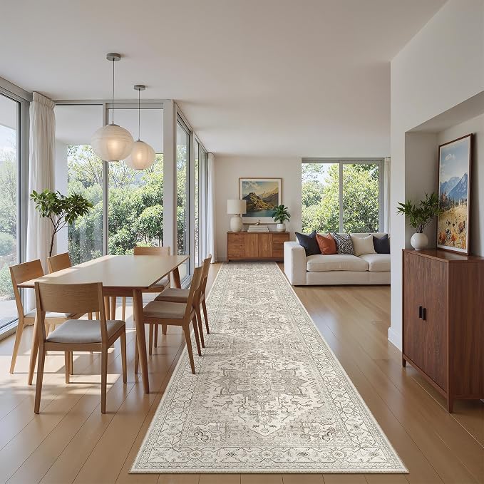 Madane Hallway Runner Rug 2'6''x14' Kitchen Runners Vintage, Beige/Brown | Long Non-Slip Washable Rugs 14ft for Entryway Laundry and Bedroom, Soft Low Pile Stain-Resistant 2.5x14 Ft Floor Carpet