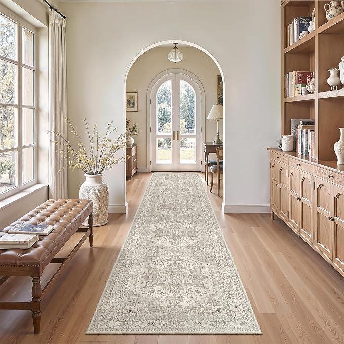 Madane Washable Runner Rugs 2x12 Long for Hallway Kitchen Soft, Beige/Brown | Non-Slip Vintage Printed 12ft Rug Runners with Rubber Backing, Thin Low-Pile Floor Carpet Laundry Room Entryway, Corridor