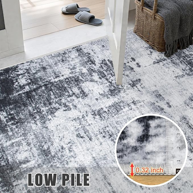 2.6'x10' Runner Rug Washable Rug: Modern Abstract Soft Thin Runner Rug Dark Black