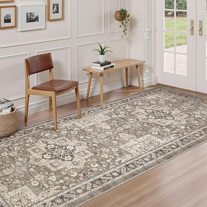 Vintage Hallway Runner Rug 3x12: Large Soft Washable Entryway for Kitchen Laundry Room Non-Slip Backing Runner for Entrance Living Room Bedroom Bathroom - Brown
