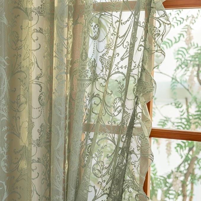 TUDECO Sage Green Sheer Curtains 45 Inch Length- Romantic Small Lace Cafe Half Curtains for Windows, Rod Pocket Floral Ruffle Privacy Short Window Treatment for Kitchen Bathroom, 59 x 45 Inch