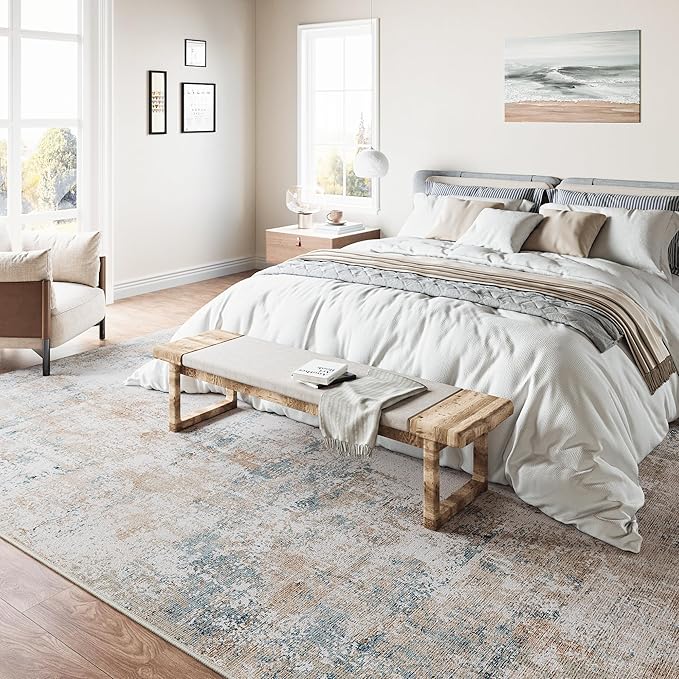 5x7 Washable Area Rug Beige Blue Abstract Non Slip Soft Low Pile Rug for Living Room Bedroom Dining Room Office Neutral Modern Indoor Throw Carpet for Home Decor