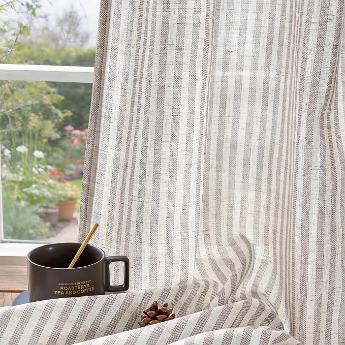 jinchan Linen Curtains for Living Room 63 Inches Long Taupe Grey on Beige Striped Curtains for Bedroom Ticking Stripe Light Filtering Farmhouse Cottage Core Rustic Grommet Window Treatment 2 Panels