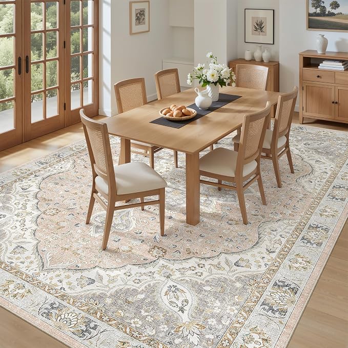 befbee 9x12 Area Rug,Ultra-Thin Washable Rugs for Living Room,Non-Slip Lightweight Foldable Area Rug,Stain Resistant Vintage Large Rugs (Pink/Gray, 9'x12')