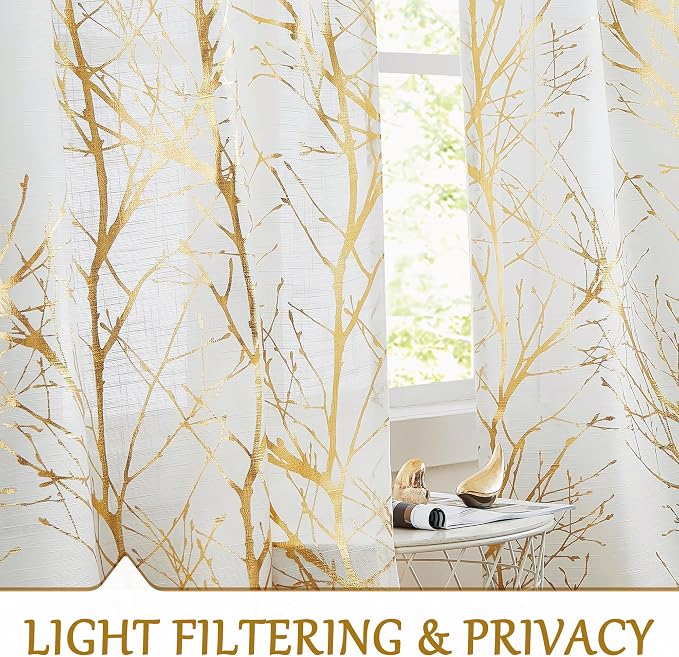 FMFUNCTEX Linen Semi Sheer Curtains, Gold Foil Metallic Print White Tree Panel for Bedroom & Living Room, Light Filtering 54 Inch Grommet Top 2 Panels
