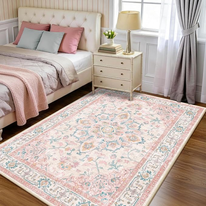 CAPALOCA Machine Washable Rugs Nursery Rug 3x5 Cute Girl Non Slip Low Pile Water Repellent Soft Print Pattern for Bedroom Indoor Decor Kids Playroom Pink Teal