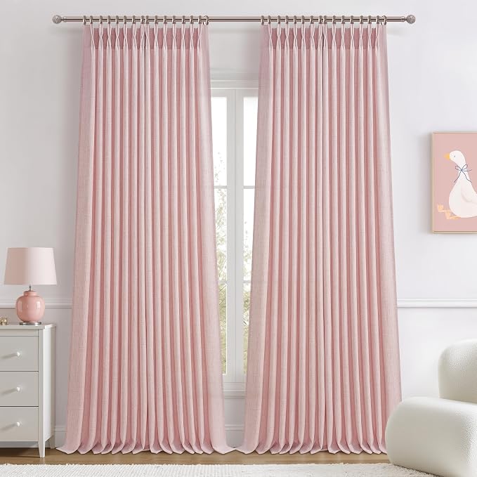 Light Pink Pinch Pleated Curtains 90 Inches Long for Girls Bedroom 2 Panels Set, Cute Linen Blend Semi Sheer Memory Trained Pleat Cortinas Rosadas Track System Window Drapes Decor 40 x 90 Inch Length