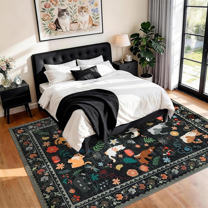LIANLAM 5x7 Cat Lover's Area Rug, Washable Large Rug with Artistic Feline Design for Living Room & Bedroom, Pet Friendly Non-Slip Soft Carpet, Stain Resistant & Easy Clean(5x7,Black)