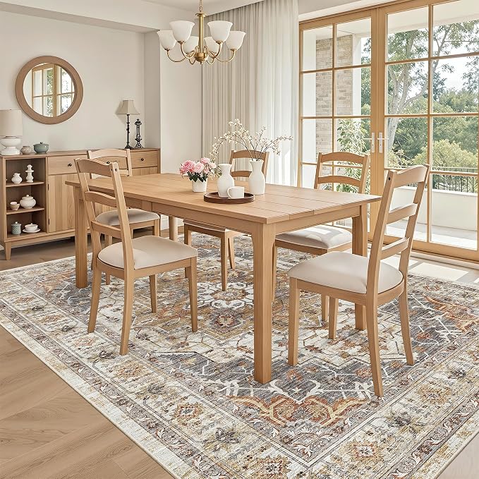 Madane 6x9 Area Rugs for Living Room, Vintage Washable Rug, Turmeric/Grey | Stain Resistant Floor Carpet With Non-Slip Backing For Bedroom, Dining Bedroom And Office, Soft Low-Pile Home Decor Mat