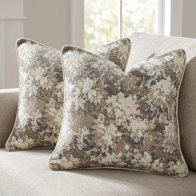 Vintage Floral Throw Pillow Covers 18x18 Inches Set of 2 Boho Farmhouse Pillow Cases Premium Chenille Textured Decorative Cushion Covers for Couch Retro Garden Farmhouse Style Taupe