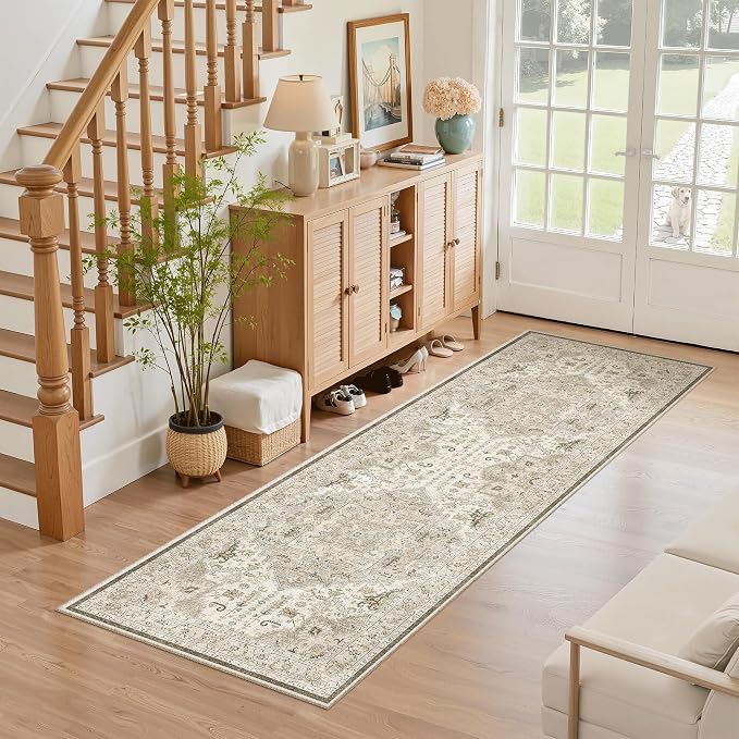 Madane Washable Runner Rug 2x6 Runners for Hallways Non Slip, Ivory/Brown | Vintage Stain-Resistant 6 Feet Kitchen Rug, Soft Low-Pile Ultra-Thin Floor Carpet Mat for Bathroom Laundry Room Bedroom 2x6ft