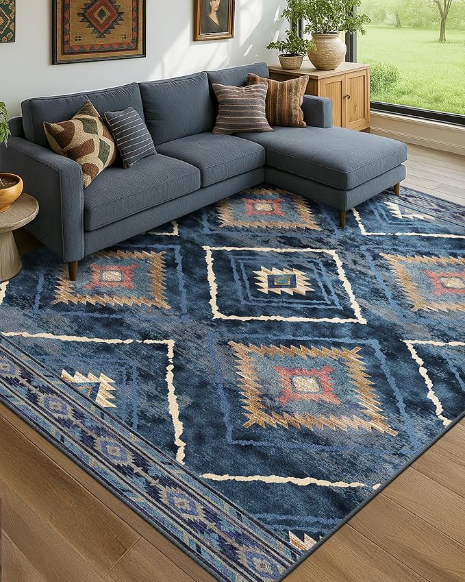 BESTSWEETIE Area Rug 8x10 Rug Machine Washable Non-Slip Low Pile Print Pattern Western Rug for Living Room Bedroom Entryway Tribal Series -Darkblue