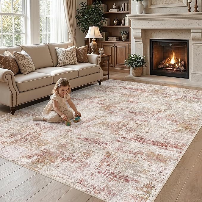DEXI Washable Area Rug for Living Room 8x10, Modern Abstract Soft Indoor Large Rugs, Stain Resistant Low Pile Carpet with Non Slip Backing for Dining Bedroom Office, Red
