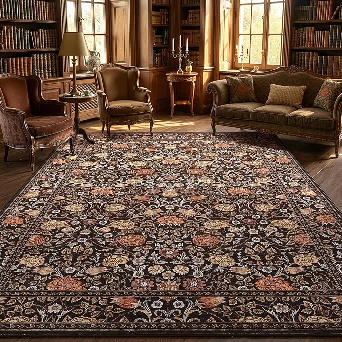 GarveeHome Brown Black 2.5x8 Runner Rug Washable Kitchen Rugs Non Slip Vintage Floral Boho Long Rug for Hallways Bedroom Entryway Bathroom Mat TPE Backing