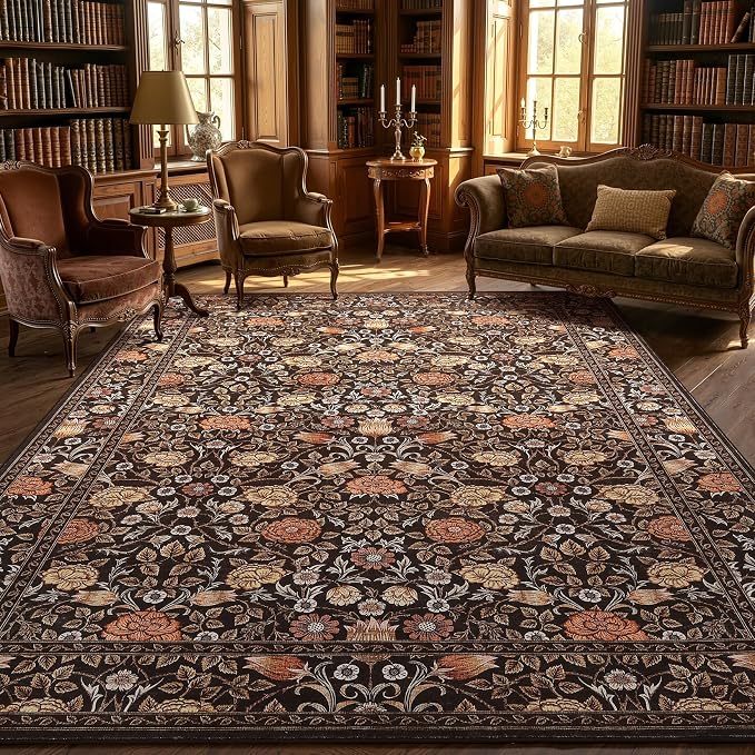 GarveeHome Brown Vintage Floral Washable Rugs 5x7 for Living Room Black Boho Botanical Retro Rug Low Pile Stain Resistance Non Slip Carpet for Bedroom Nursery Dining Room