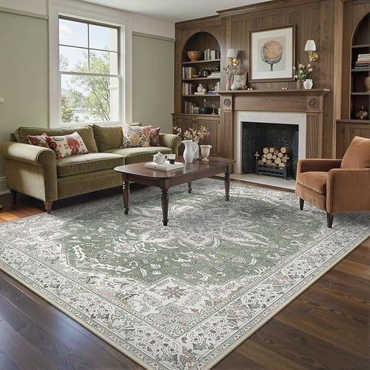 GENIMO 3X5 Washable Vintage Area Rugs for Living Room, Non-Slip Low Pile Chenille Print Rug, Soft Rugs for Bedroom Dining Room Home Office, Sage & Linen