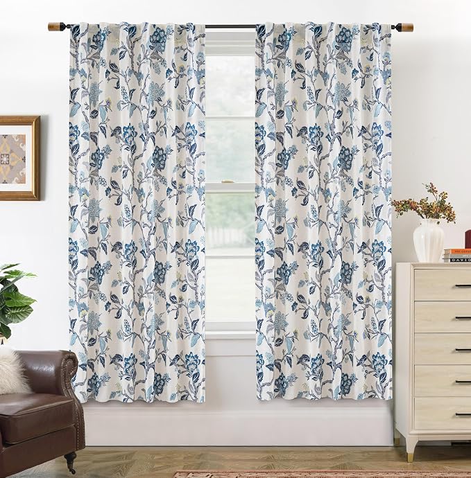 DriftAway Ada Floral Botanical Print Flower Leaf Lined Thermal Insulated Room Darkening Linen Blend 100% Blackout Back Tab Window Curtains 2 Layers Set of 2 Panels Each 52 Inch by 63 Inch Navy