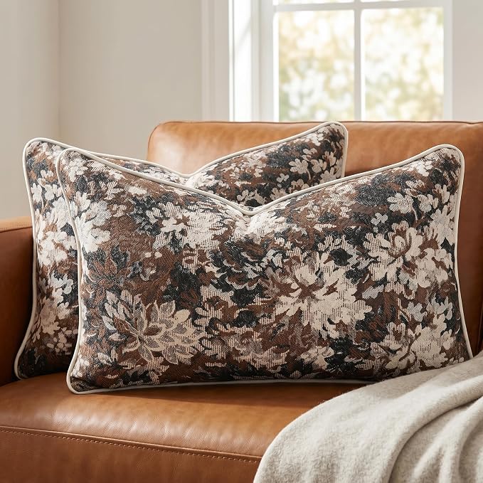 Vintage Floral Throw Pillow Covers 12x20 Inches Set of 2 Lumbar Boho Pillow Cases Premium Chenille Textured Decorative Cushion Covers for Couch Retro Garden Farmhouse Style Brown
