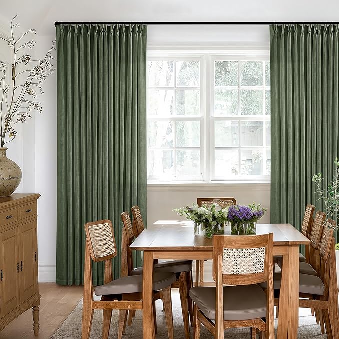 TWODRAPES Olive Green Pinch Pleated Linen Curtains 92 Inches Long 2 Panels for Living Room Bedroom Semi Sheer Pinch Pleat Drapes with Hooks Rings Boho Farmhouse Light Filtering Window Curtain 40x92