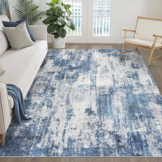 6x9 Area Rugs Living Room: Washable Large Neutral Rug Abstract Soft Modern Stain Resistant Indoor Floor Non-Slip Carpet for Bedroom Nursery Kids Office Playroom Dining Room Under Table- Navy Gray