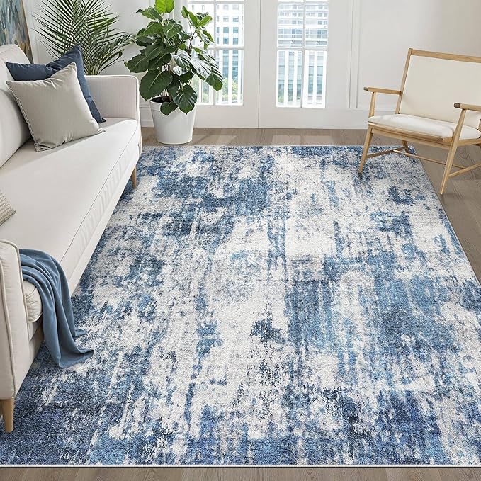 6x8 Area Rug Living Room: Washable Large Neutral Rug Abstract Soft Modern Stain Resistant Indoor Floor Non-Slip Carpet for Bedroom Nursery Kids Office Playroom Dining Room Under Table- Navy Gray