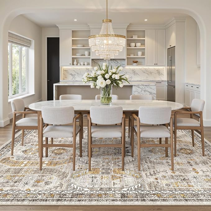 Madane 8x10 Area Rugs for Living Room, Non-Slip Washable Rug, Brown/Gold | Ultra-Thin Stain Resistant Vintage Large 8'X10' Carpet, Low-Pile Floor Mat For Bedroom Dining Room Office Home Decor