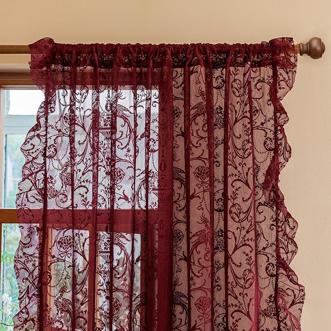 TUDECO Burgundy Lace Curtains 63 Inch Length - Victorian Kintted Sheer Floral Bird Ruffle Curtains for Bedroom, Boho Privacy Dark Red Solid Color Light Filtering Rod Pocket Maroon Decor, 59 x 63 Inch