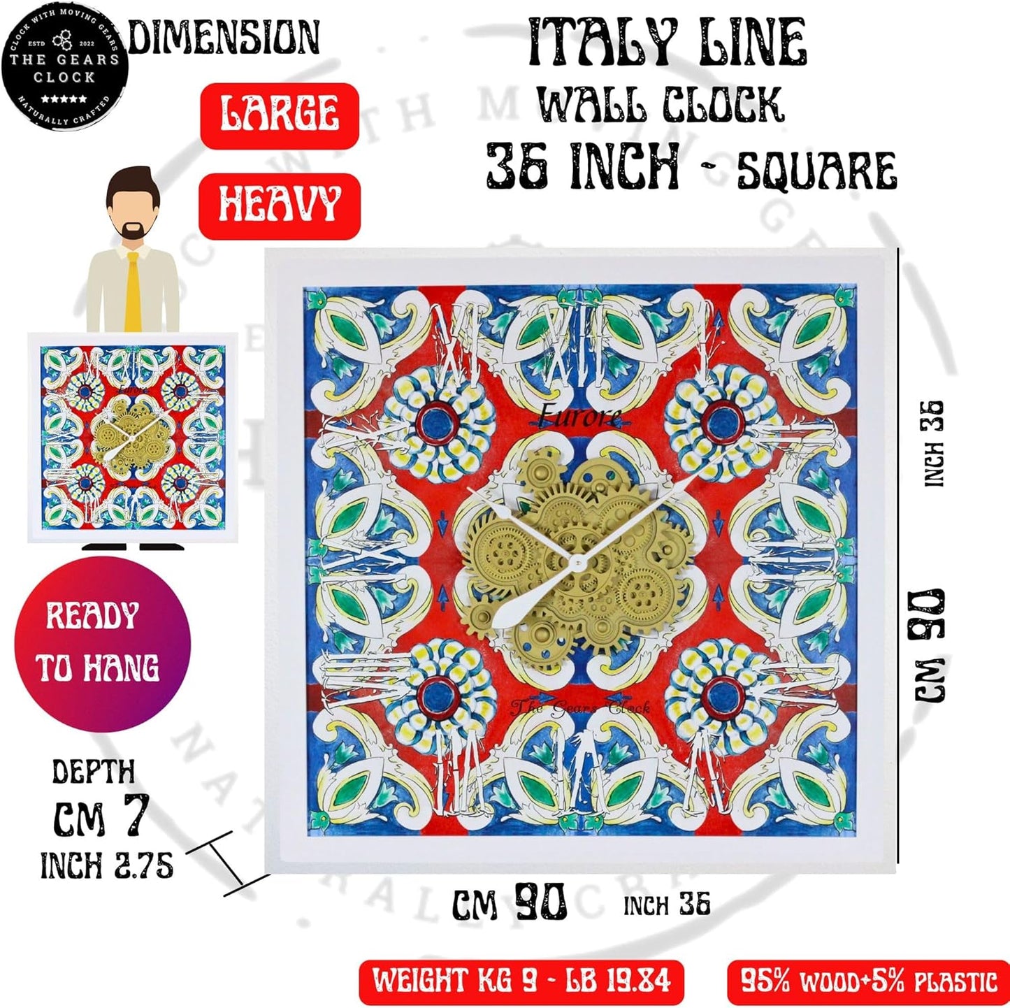 The Gears Clock Wall Clock Italy Collection with Moving Gears (Amalfi, 36 inch Square)