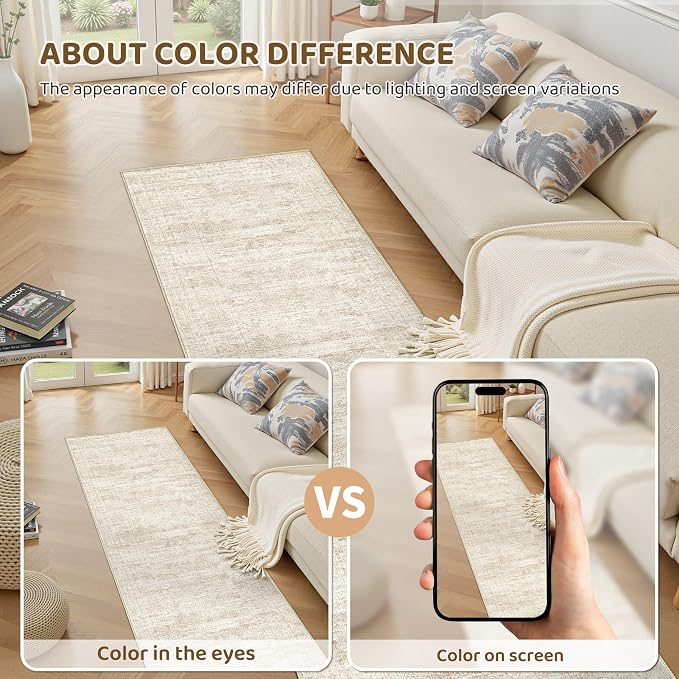 UERMEI 2x6 Washable Runner Rug for Hallway, Non Slip Low Pile Kitchen Carpet, Neutral Modern Abstract Indoor Floor Mat for Entryway Laundry, Kid & Pet Safe High Traffic Area, Beige/Brown