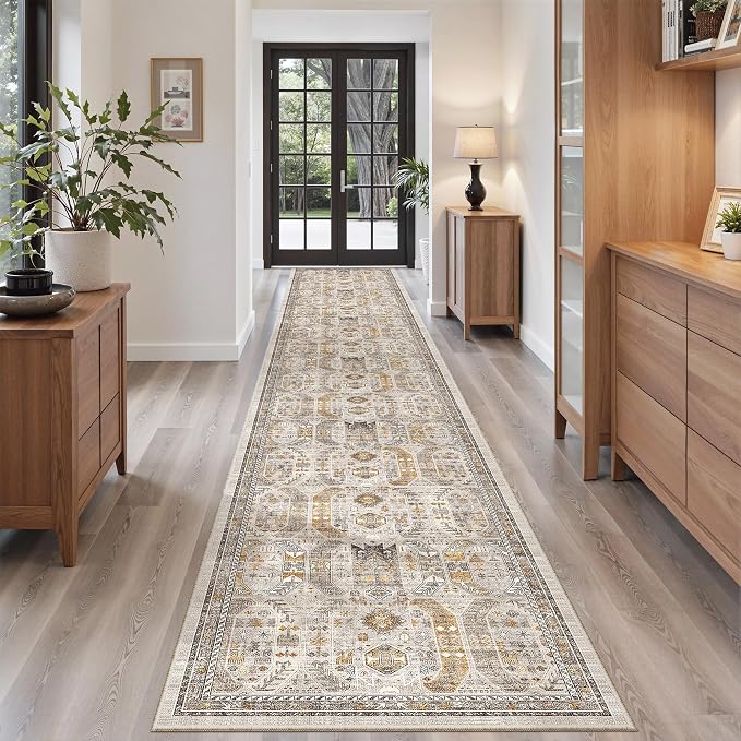 Madane Hallway Runner Rug 2'6''x16' Kitchen Runners Vintage, Brown/Gold | Long Non-Slip Washable Rugs 16ft for Laundry Room, Entryway and Bedroom, Soft Low Pile Stain-Resistant 2.5x16 Ft Floor Carpet