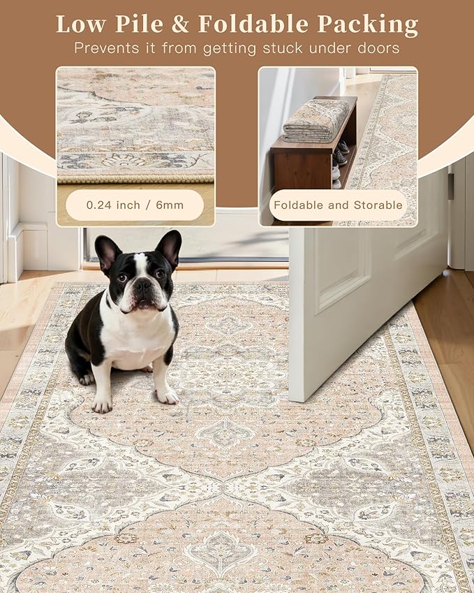 Madane Washable Runner Rug 2x6 Runners for Hallways Non Slip, Pink/Gray | Vintage Stain-Resistant 6 Feet Kitchen Rug, Soft Low-Pile Ultra-Thin Floor Carpet Mat for Bathroom Laundry Room Bedroom 2x6ft