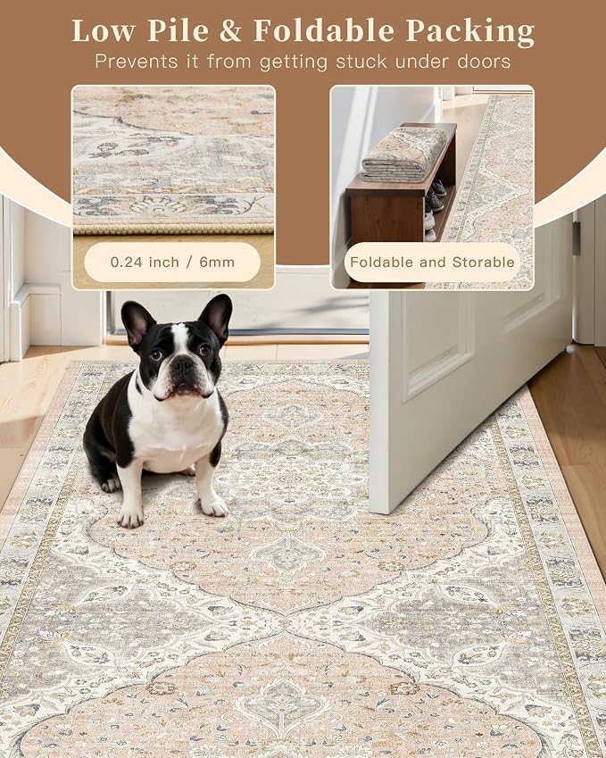 Madane Washable Runner Rugs 2x12 Long for Hallway Kitchen Long, Pink/Gray | Non-Slip Vintage Printed 12ft Rug Runners with Rubber Backing, Low-Pile Floor Carpet Laundry Room Entryway, Corridor