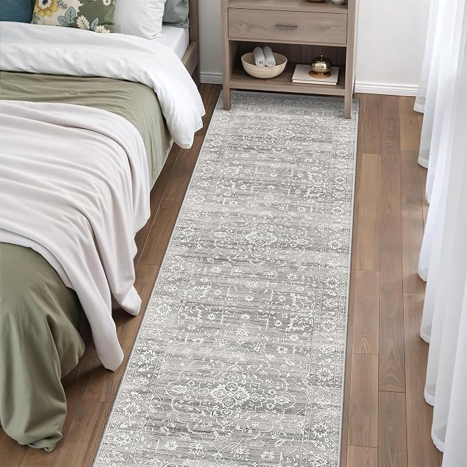 Soalmost 2.5'x8' Runner Rugs for Hallway, Washable Kitchen Runner Rug Grey | Vintage Non-Slip Soft 2'6"x8' Carpet Runner with Rubber Backing for Entryway Laundry Bedroom Farmhouse