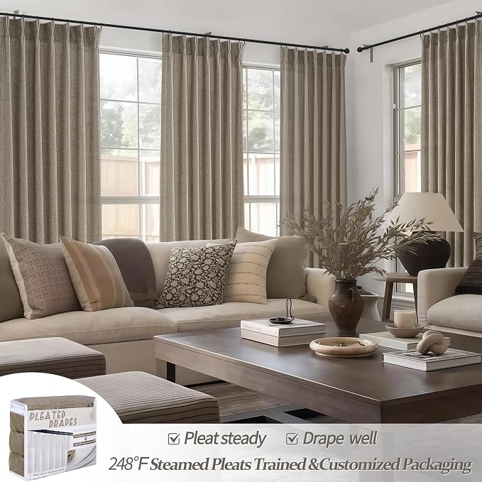 Pinch Pleated Natural Linen Sheer Curtains 84 Inches Long for Living Room 2 Panels Set, Dark Flax Light Filtering Farmhouse Thick Drapes with Hooks Rings Back Tab for Bedroom 40"W x 84"L Window Burg