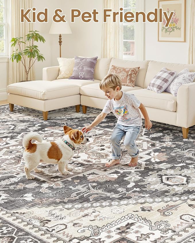 10x14 Vintage Area Rug: Washable Neutral Soft Non Slip Thin Large Floor Carpet for Living Room Bedroom Kitchen Dining Room Home Office Farmhouse Indoor - Black