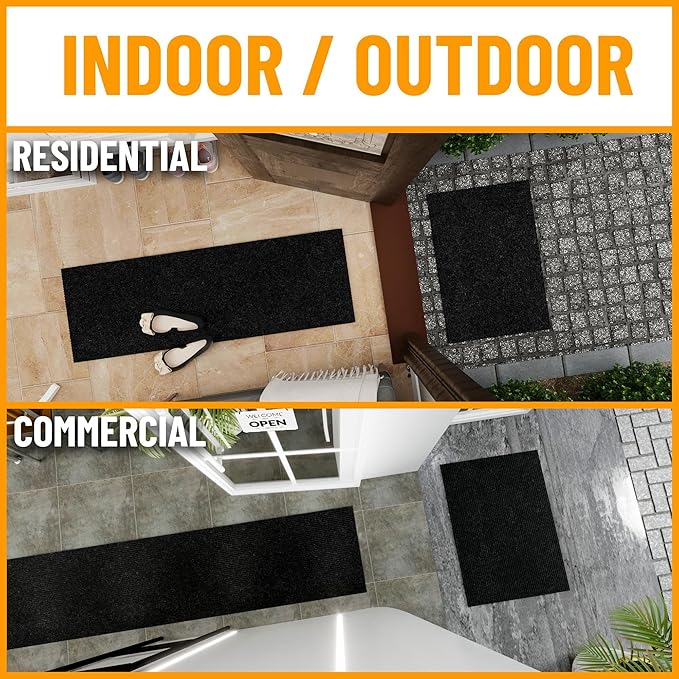 Ottomanson 2' x 54' Hallway Runner with Scraper Pile Extra Durable Non-Slip Rug Mat for Indoor & Outdoor Use - Ideal for Kitchen, Entryway, Patio & Garage - High-Traffic Carpet, Black