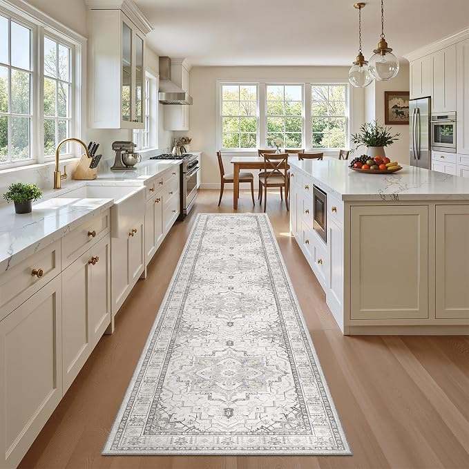 Madane Washable Runner Rugs 2x12 Long for Hallway Kitchen Soft, Grey | Non-Slip Vintage Printed 12ft Rug Runners with Rubber Backing, Thin Low-Pile Floor Carpet Laundry Room Entryway, Corridor