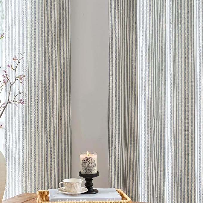 jinchan Linen Curtains for Living Room Blue on Beige Striped Curtains for Bedroom Ticking Stripe Pattern Light Filtering Cottage Core Rustic Grommet Window Treatment 2 Panels 84 inches Long