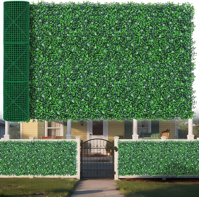 Yangrass Boxwood Roll Panels with White Flower, 48"x120" (40 sqft) Artificial Ivy Privacy Fence Screen, UV-Anti Faux Boxwood Roll Grass Wall Panels for Garden Patio Balcony Decor