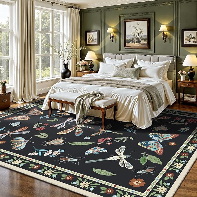 Area Rug 5x7, Insect Ultra Soft Washable Rug Non Slip with Rubber Back, Stain Resistant Rugs for Living Room, Bedroom, Dining Room(Dark Black Butterfly)