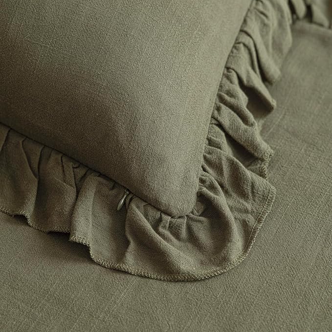 Foindtower Set of 2 Decorative Soild Fringe Ruffle Throw Pillow Covers Soft Boho Farmhouse Cushion Cover Cozy Accent Retro Pillowcase for Couch Sofa Bed Living Room Home Decor,22×22 Inch,Olive Green