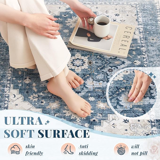 Area Rug 9x12 Vintage Rug: Large Washable Indoor Medallion Rugs Low Pile Distressed Floor Carpet Retro Accent Rug for Living Room Bedroom Kitchen Dining Table Home Office(Blue, 9'x12')