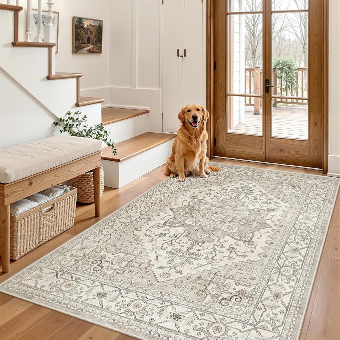 Madane Area Rug 3x5, Washable Vintage Entry Rugs for Bedroom, Beige/Brown | Vintage Entryway Bedroom Non Slip Door Mat Indoor Entrance, Kitchen Runner Living Room Laundry Playroom Soft Floor Carpets