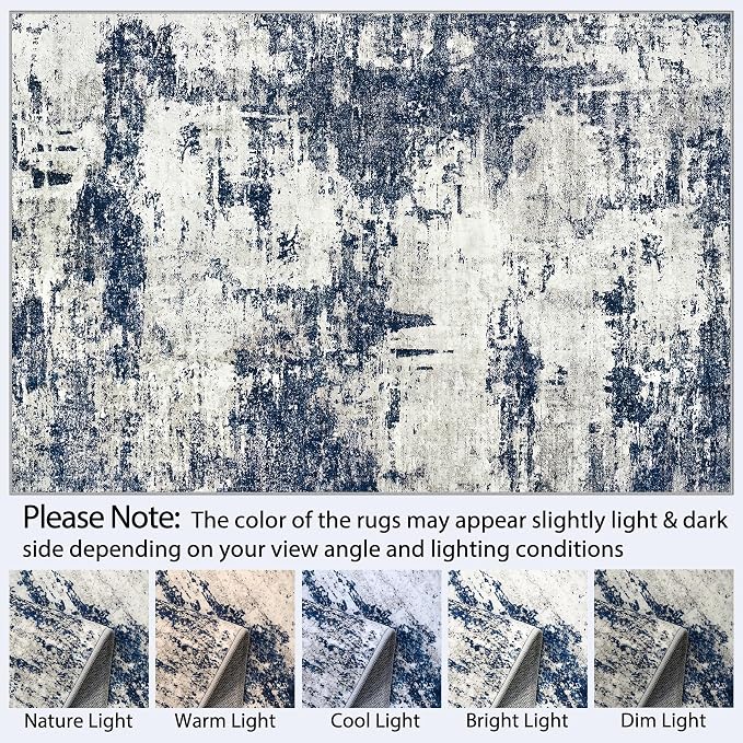 10x14 Area Rugs Living Room Rugs: Large Washable Rug with Anti-Slip Backing Non-Shedding Stain-Resistant Soft Abstract Carpet for Bedroom Dining Room Nursery Home Office-Blue/Gray