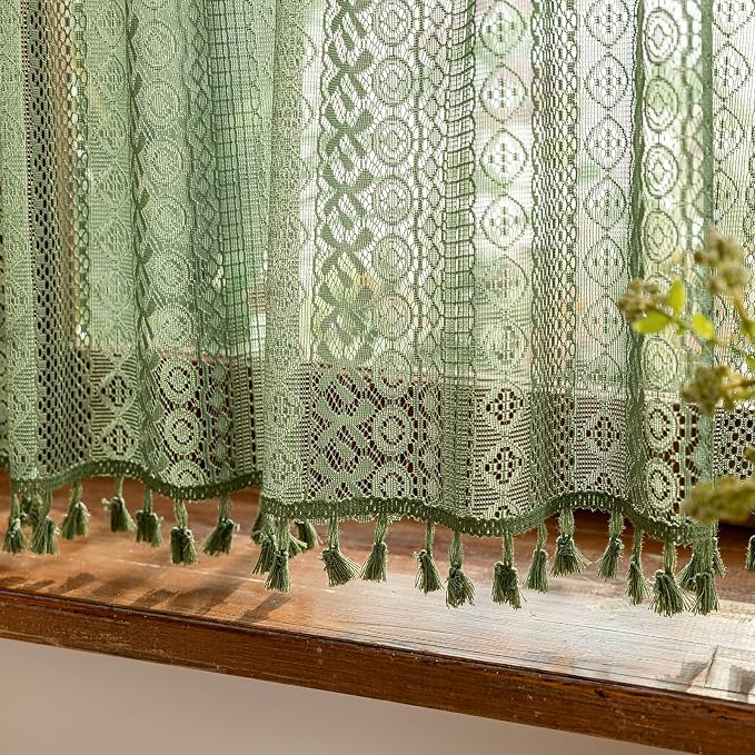 Sutuo Home Olive Green Boho Sheer Curtains, Cottagecore Lace Curtains for Nursery Kitchen Privacy Crochet Light Filtering Vintage Chic Tassels Bohemian Window Drape Rod Pocket, 2 Panels 50" W x 54" L