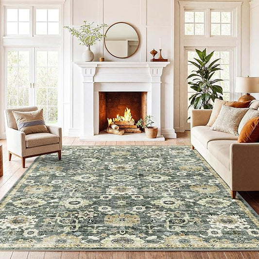 AMADA HOMEFURNISHING 5x7 Area Rugs, Washable Living Room Rug Low-Profile with Non-Slip Backing & Durable Edge Binding, Vintage 5x7 Rugs for Living Room, Bedroom, Dining Room