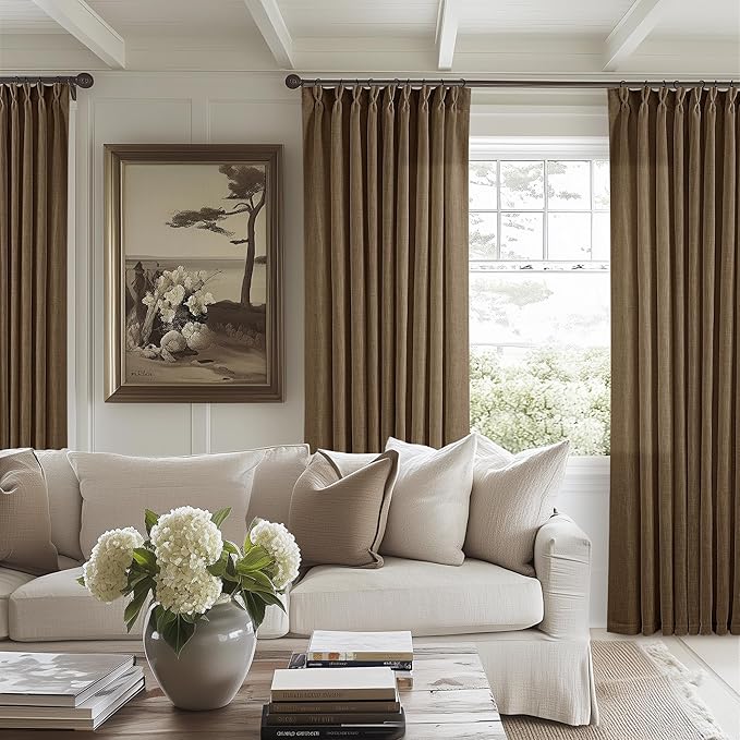 Dutch Cocoa Pinch Pleated Linen Curtains 108 Inches Long 60 Width Linen Blend Light Filtering Window Curtains 108 Inch for Living Room Bedroom Patio Pinch Pleat Drapes Hooks Rings 1 Panel 60Wx108L
